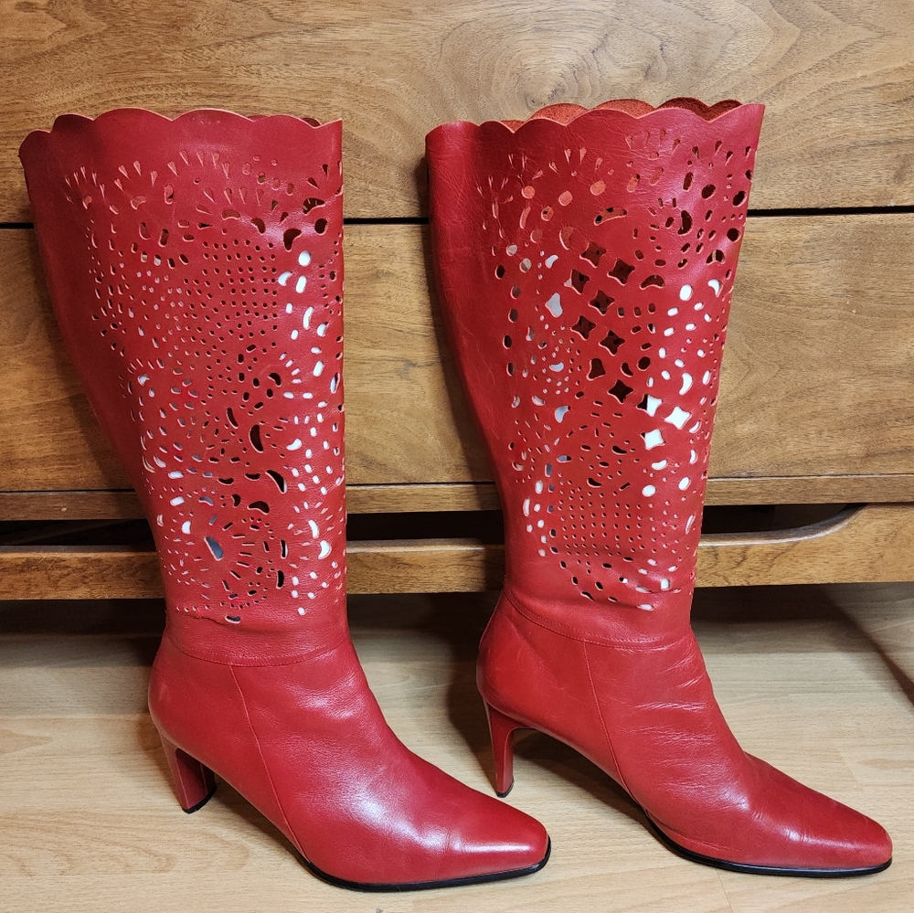 Bellini 12 Wide‎ Celine Red Leather Laser Cut Knee High Heel Tall Boots 12W